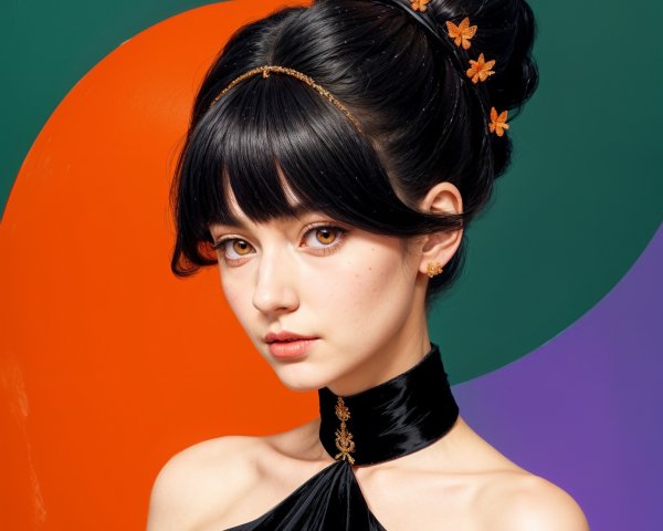 Young woman with floral updo and bold outfit