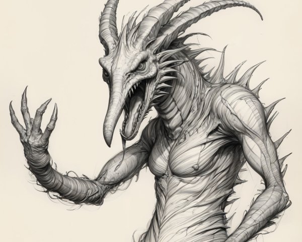 Grotesque Humanoid Creature with Dragon-Like Features