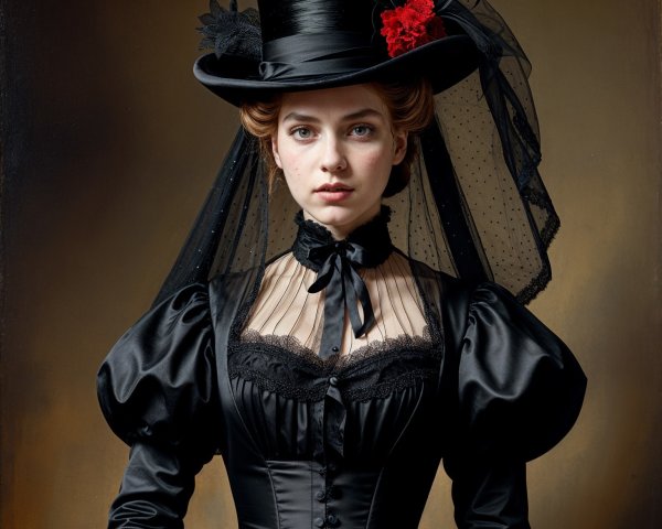 Elegant young woman in vintage black gown and hat