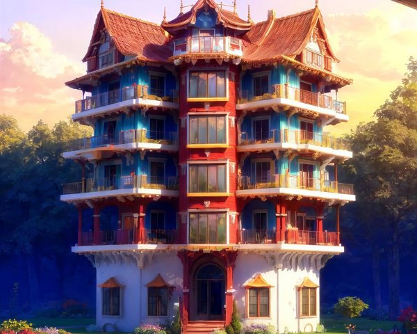 Colorful Multi-Story Building with Pagoda Roofs