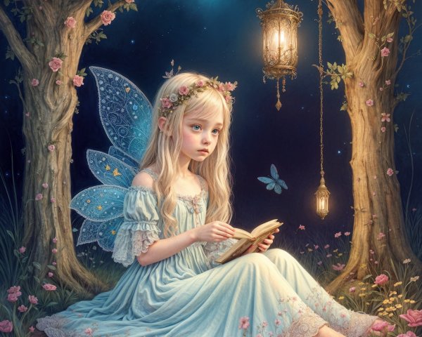 Whimsical Forest Scene with Fairy and Flowers