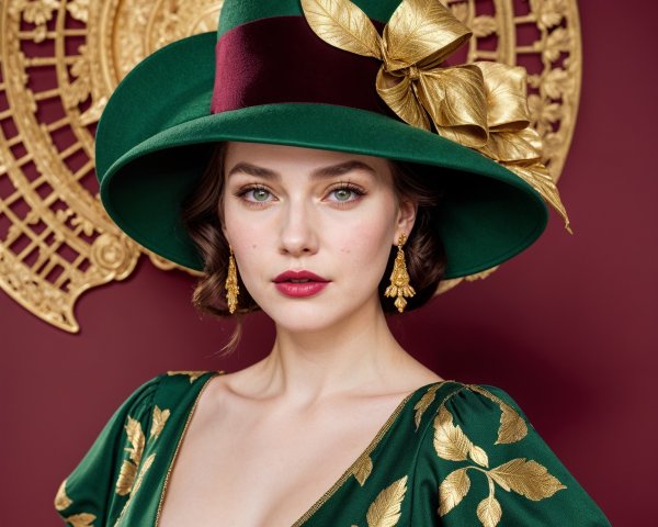 Elegant Woman in Green Hat and Dress Against Burgundy Wall