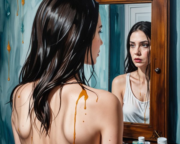 Young Woman Reflecting in a Mirror with Colorful Paints