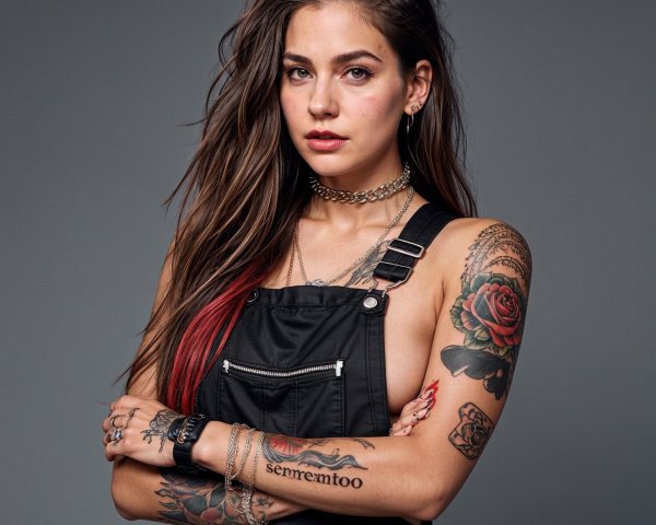 Confident Young Woman with Tattoos in Black Overalls