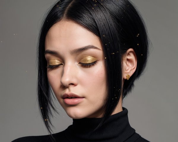Young Woman with Bob Hairstyle and Golden Eyeshadow