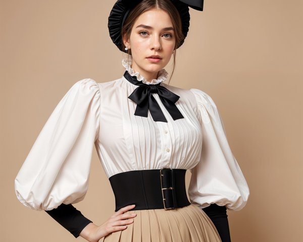 Chic Outfit with Puffed Sleeves and Bow Tie Details