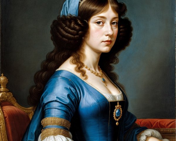 Regal portrait of a woman in blue gown with gold details