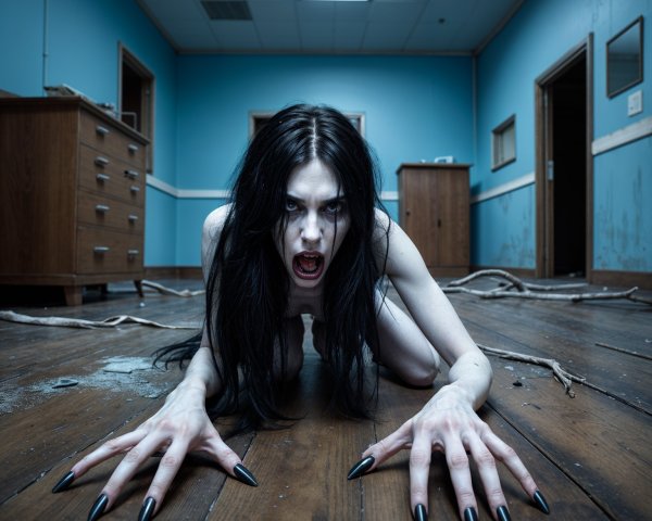 Haunting Presence in an Abandoned Room with Blue Walls