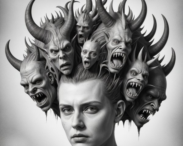 Young woman with chaotic headdress of monstrous faces