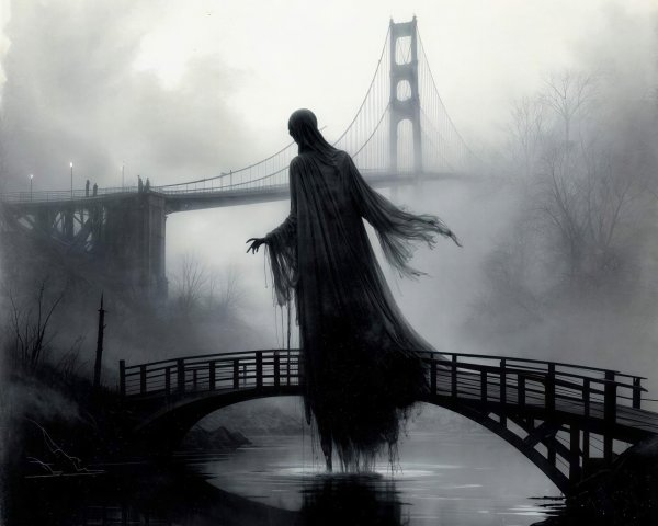 Dark Spectral Figure Over Bridge in Misty Landscape