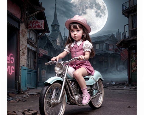 Young girl in vintage outfit on classic motorcycle