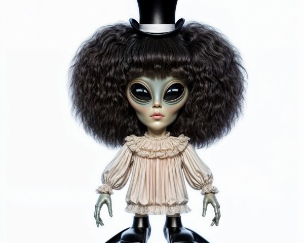 Whimsical Alien Doll with Vintage Dress and Top Hat