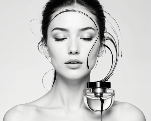 Close-up of a serene model with elegant perfume bottle
