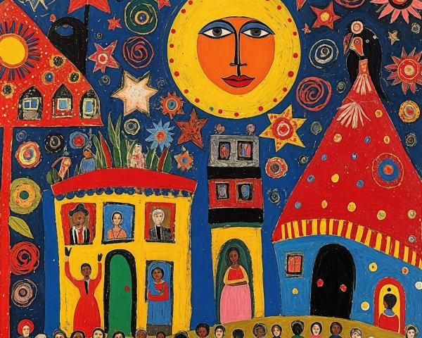 Whimsical Night Scene with Colorful Houses and Sun