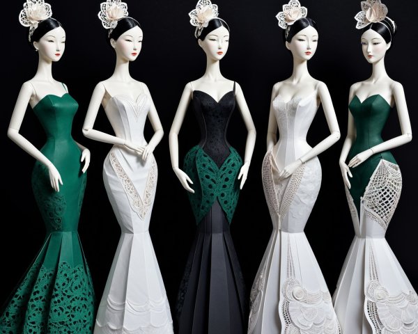 Elegant Fashion Dolls in Intricate Gowns Displayed