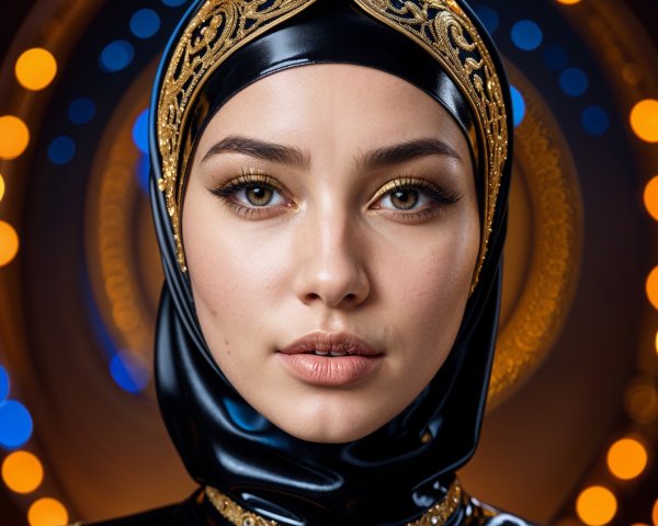 Young woman in black hijab with golden details and bokeh