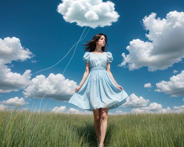 Young woman in blue dress in a green field scene