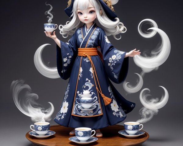Elegant Doll in Blue Kimono on Wooden Tray