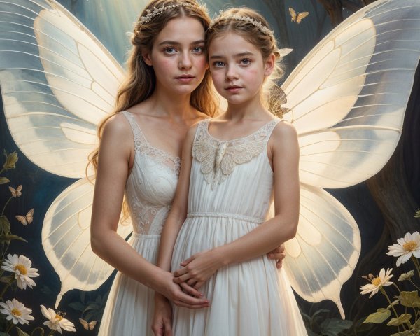 Ethereal Girls with Butterfly Wings in Enchanted Forest