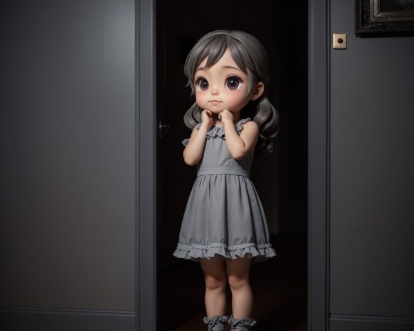 Cartoonish girl in gray dress at a dim doorway