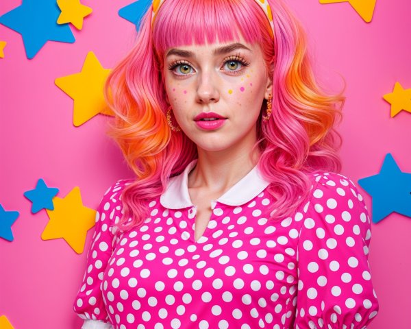 Young woman with pink and orange hair in polka dots