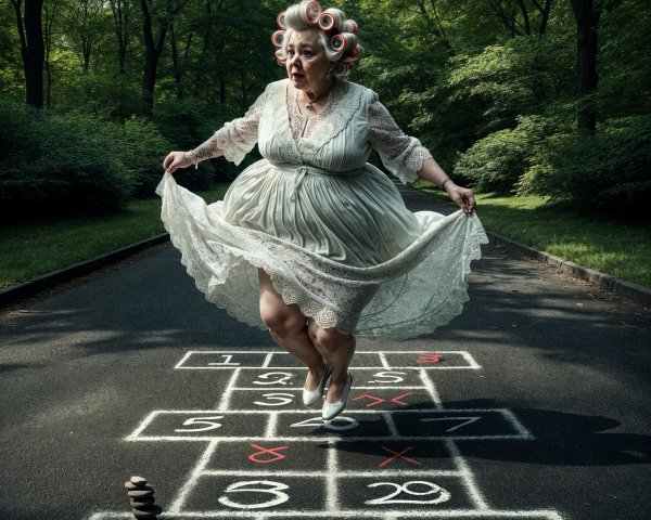 Woman in Vintage Lace Dress Hops on Chalk Hopscotch