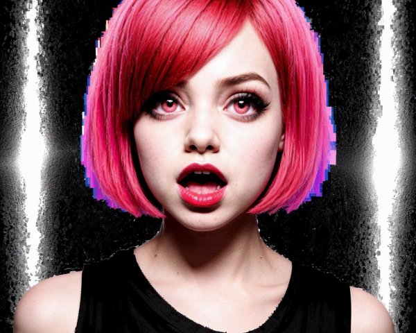 Young woman with pink bob hair and red lipstick