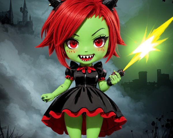 Mischievous Green-Skinned Character with Spiky Hair
