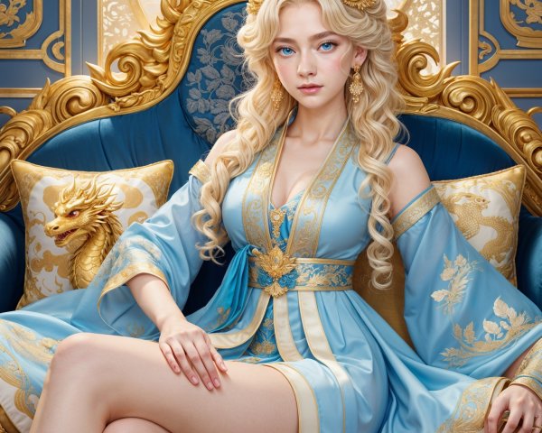 Regal Woman in Blue Gown on Ornate Throne