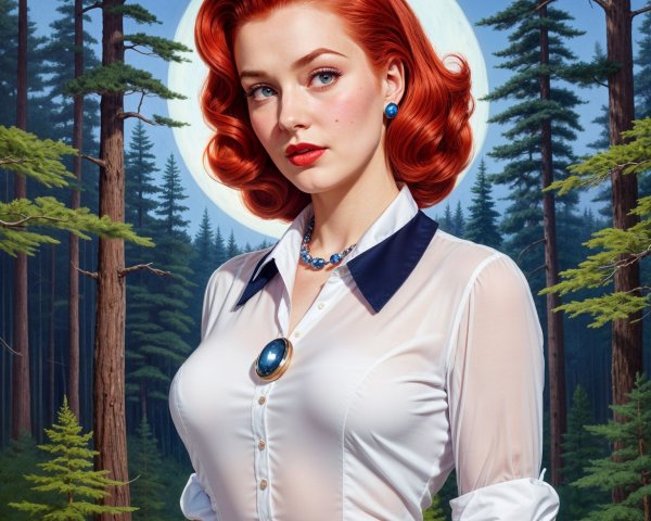 Woman with Red Hair in Vintage Outfit in Forest Setting