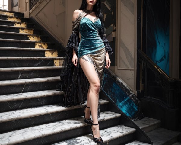 Young Woman in Elegant Dress on Grand Staircase