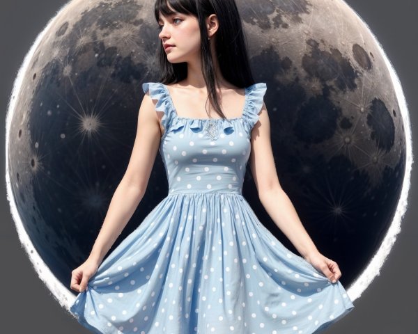 Young Woman in Blue Polka Dot Dress with Full Moon