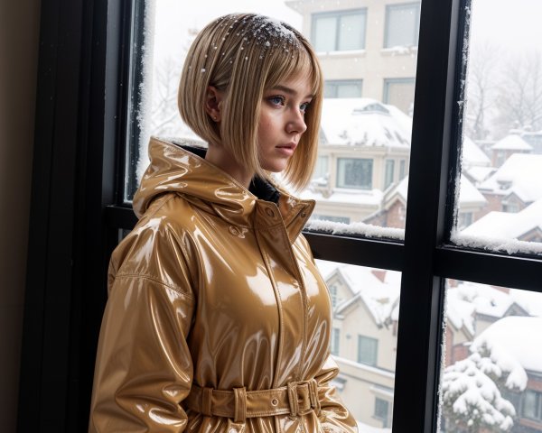 Young Woman in Camel Coat by Winter Window