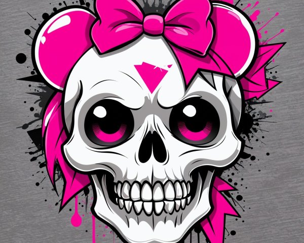 Stylized skull with pink bow and cartoonish eyes