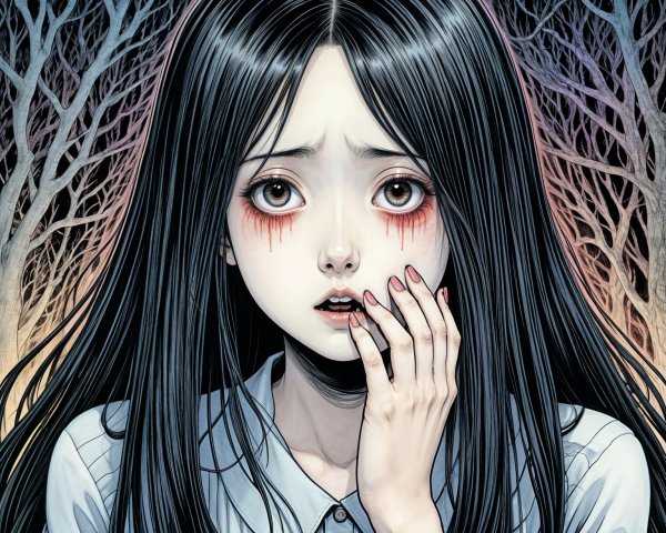 Girl with Black Hair in Eerie Forest Setting