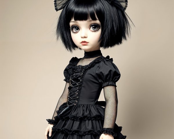 Styled Doll with Black Dress and Gothic Aesthetic