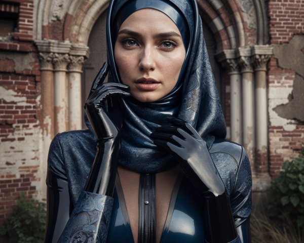 Contemporary Figure in Dark Outfit Against Historic Backdrop