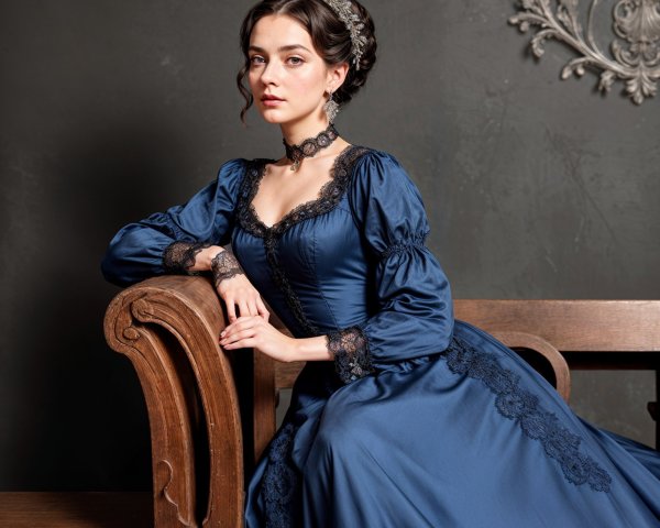 Elegant young woman in dark blue gown on bench