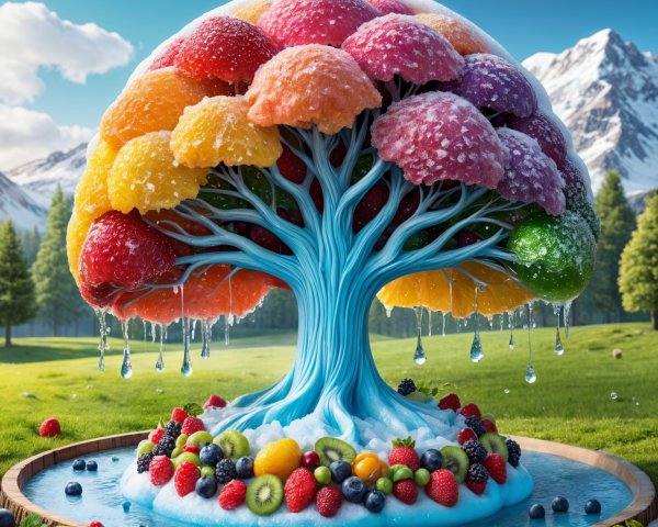Colorful Fruit Tree in a Lush Green Landscape