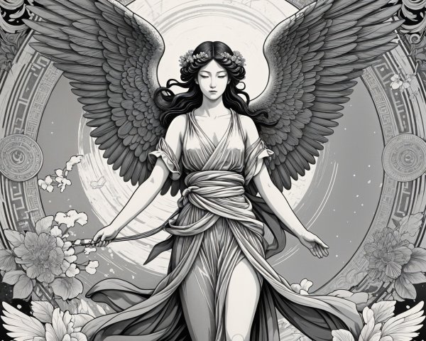 Majestic Winged Figure with Floral Elements and Patterns