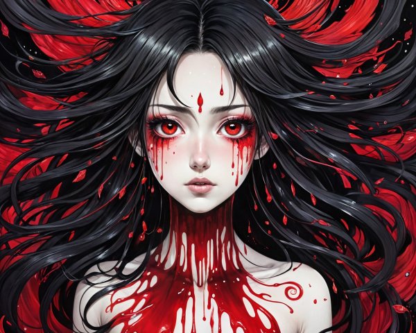 Young woman with red eyes and flowing black hair
