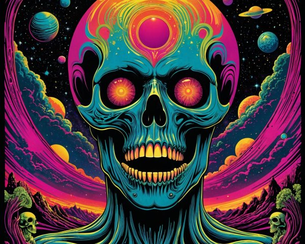 Psychedelic Skull Against Cosmic Background