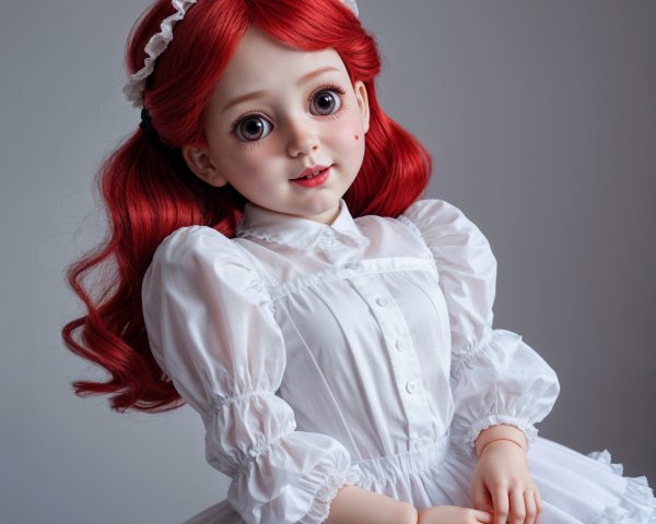 Lifelike doll with red hair in vintage dress
