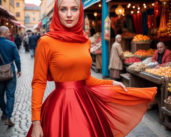 Marketplace Scene with Woman in Colorful Attire