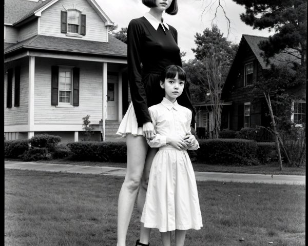Young Woman and Girl in Contrasting Dresses Outdoors