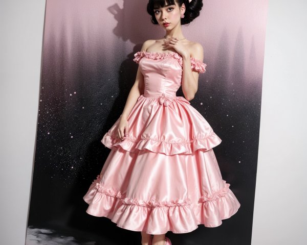 Elegant Young Woman in Ruffled Pink Off-Shoulder Dress