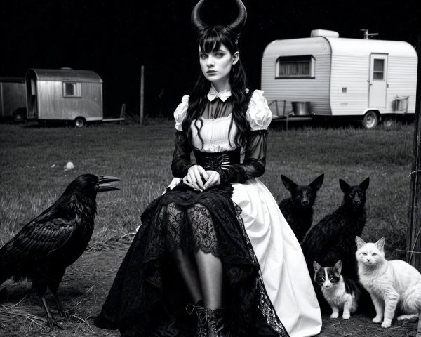 Horned Woman in Gothic Dress with Animals in Field