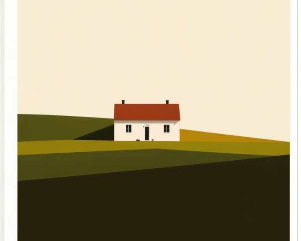 Minimalist Painting of a White House on Green Hill