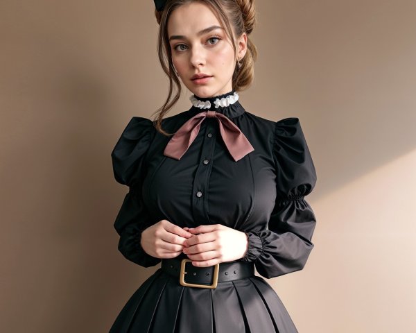 Elegant Black Dress with High Collar and Puffed Sleeves