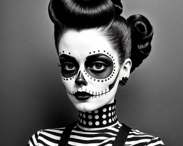 Black-and-white portrait of woman with sugar skull makeup